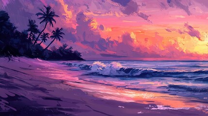 Sunset Beach: Ocean Waves & Palm Trees