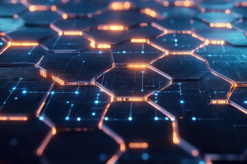A digital grid with hexagonal icons representing different technology sectors.