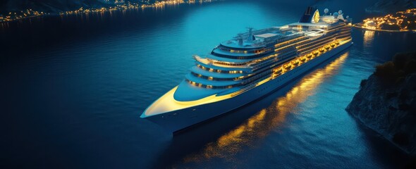 Luxury cruise ship at night, coastal city, travel