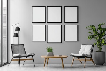 Modern living room with six blank frames, wooden coffee table, and two armchairs. Ideal for showcasing artwork, design, or branding in a stylish setting.