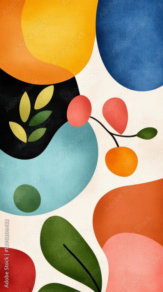 Poster abstract colorful organic shapes and botanical elements on textured background