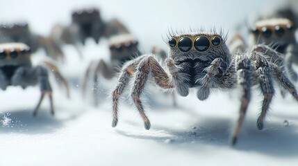 Jumping spiders closeup, group, white background, nature macro