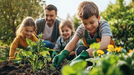 Parents and kids teamwork, smiling while gardening in the sunshine