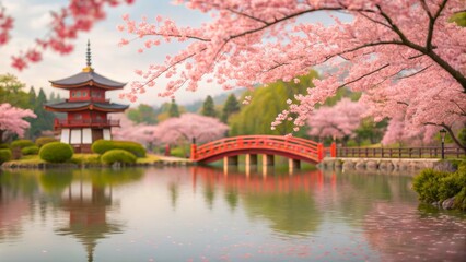 Fototapeta premium Serene Cherry Blossom Landscape with Pagoda and Bridge Reflecting in Tranquil Water