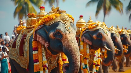 Ornate elephants, festival parade, India