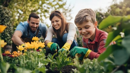 Family gardening fun: gloves on, hands dirty, hearts full of happiness