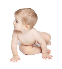 Cute little baby in diaper on white background