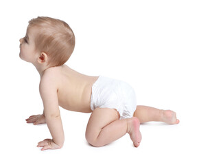 Cute little baby crawling on white background