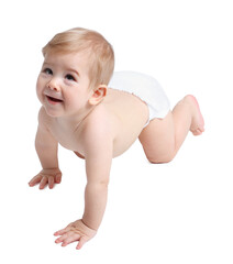 Cute little baby crawling on white background