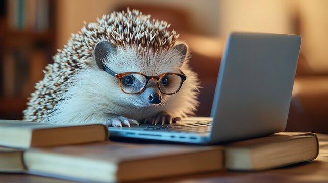 Hedgehog working on laptop, books, home office