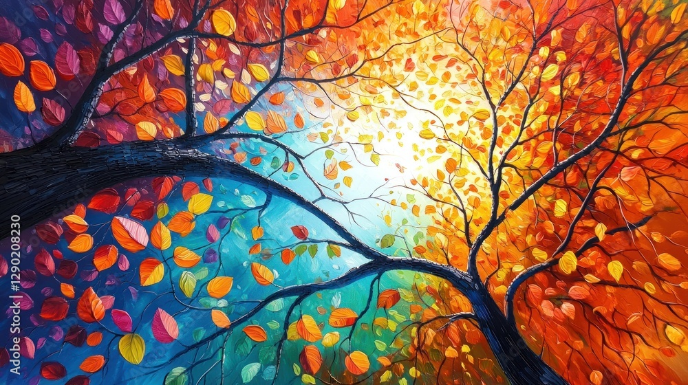 Poster abstract painting of two trees with colorful leaves falling from the branches.