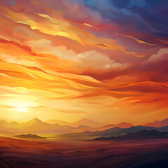Obraz premium Golden Hour Sunset Over Majestic Mountains. Landscape Painting