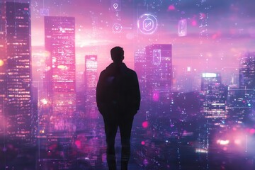 reflective man silhouetted against a neon-lit cityscape at twilight, holographic tech icons floating around, deep purples and pinks, evoking innovation and introspection.