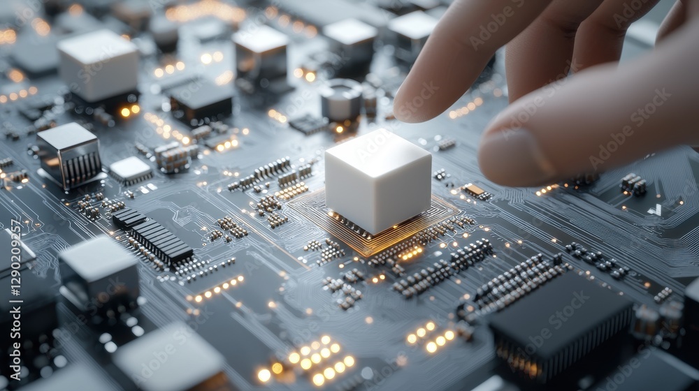 Poster close-up of a finger touching a computer circuit board, symbolizing innovation and technological int