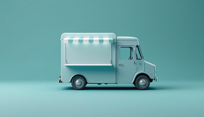 Pastel Blue Food Truck with Striped Awning