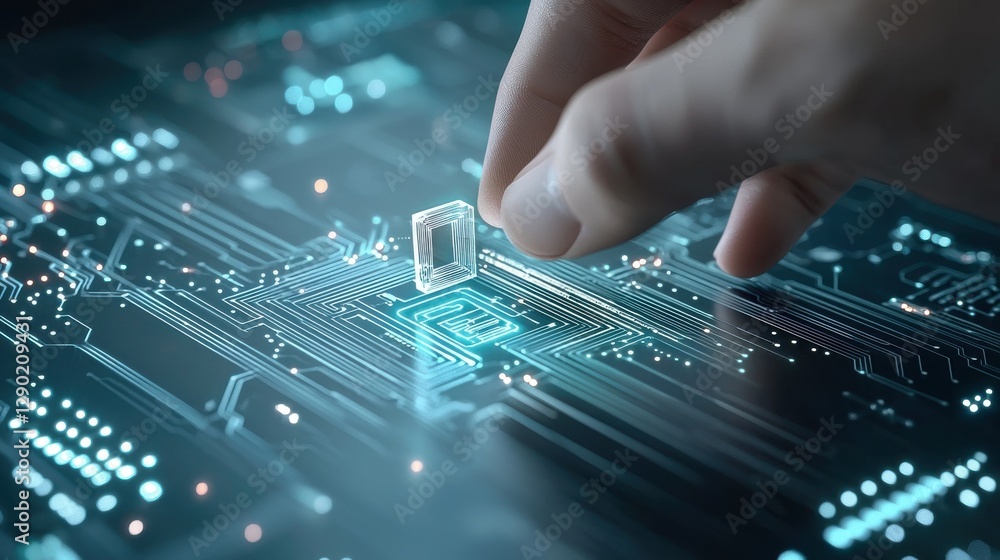 Poster close-up of a hand placing a microchip on a glowing circuit board, symbolizing innovation and digita