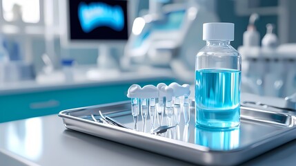 A close-up view of a tray with various sterilized surgical tools and instruments, including scalpels, forceps, and other medical equipment, neatly arranged and ready for use in a medical procedure or