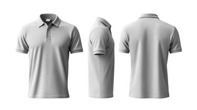 Light gray polo shirt displayed from three angles, showcasing its design and fit