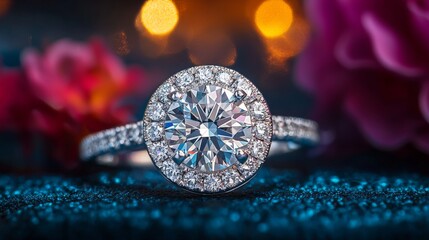 Fototapeta premium Sparkling diamond engagement ring with a halo setting