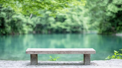 Fototapeta premium Serene lakeside bench, tranquil park, nature backdrop, peaceful relaxation