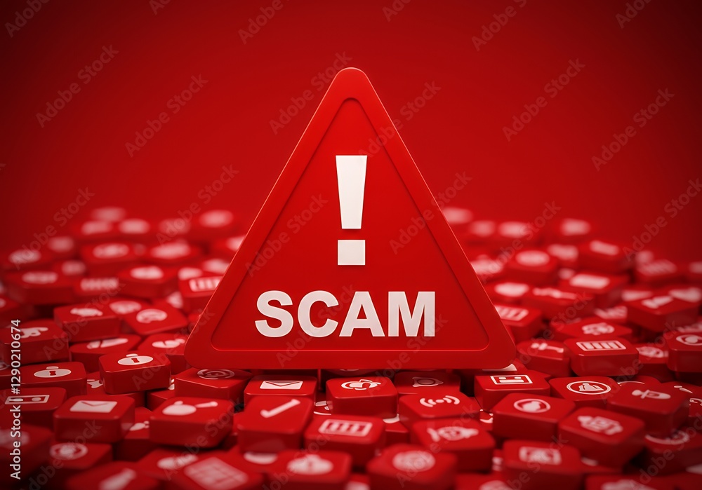 Poster recognizing scam alert symbol with application icons in red hue