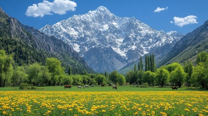 Obraz premium Mountain meadow wildflowers cows tranquil scenery