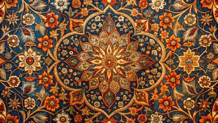 Intricate Medieval Tapestry Design in Burnt Orange and Deep Blue Hues