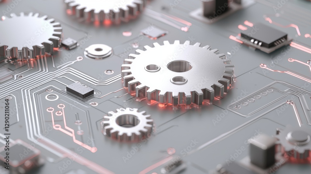 Poster close-up of metallic gears and circuit board, representing technological innovation and mechanical e