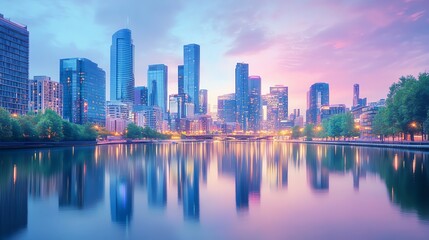 Naklejka premium Modern skyline reflected in tranquil waters.