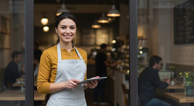 Smiling Cafe Owner Holding Tablet Welcoming Customers at Restaurant Door