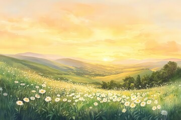 rolling hills bloom with wild daisies under a golden sunrise, soft greens and yellows blend in a pastoral watercolor style, exuding peace and simplicity.
