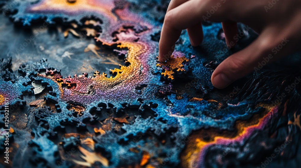 Poster intricate colorful jigsaw puzzle pieces close up hand assembling abstract art detailed image vibrant