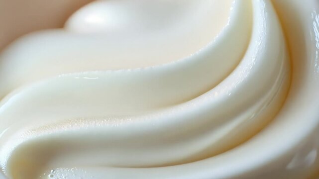 Extreme close-up of smooth, swirled vanilla soft serve ice cream, highlighting its creamy texture and delicate curves in detail.  4k video footage
