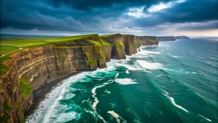 Obraz premium Majestic Cliffs Against Dramatic Sky Over Turquoise Ocean Waves at Coastline