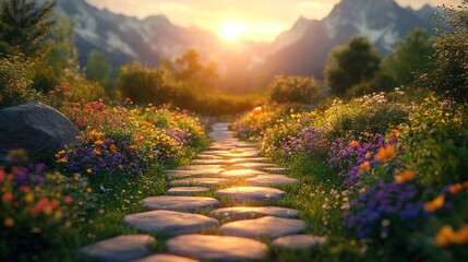 Obraz premium Mountain Path of Flowers at Sunrise