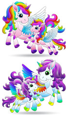 A set of stained glass illustrations with cute cartoon unicorns , animals isolated on a white background