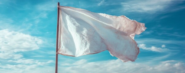 White flag waving gently against a clear blue sky, perfect for design mockup and creative projects