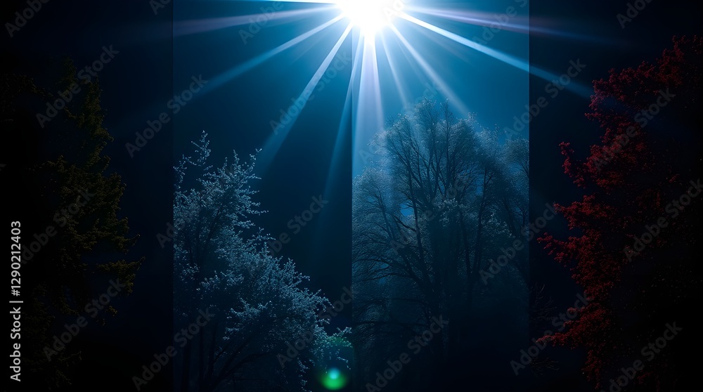 Wall mural a radiant light source illuminates a group of trees in a serene night setting, casting long beams th