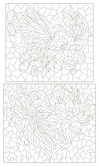 Obraz premium A set of contour illustrations in the style of stained glass with butterflies, dragonflies and flowers on hearts, dark outlines on a white background