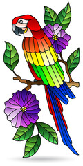 Stained glass illustration with bright parrot bird on the branches of flowering trees, animal isolated on a white background © Zagory