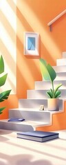 Sunlit Staircase with Plant and Book
