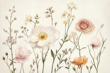 romantic vintage botanical illustration featuring delicate flower arrangements, soft muted colors and intricate details in classic victorian style