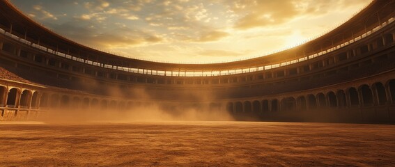Expansive view of the interior bullring at Arena de Toros in Spain showcasing the dusty ground under daylight