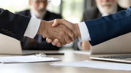 Businessmen shaking hands in a formal meeting setting.