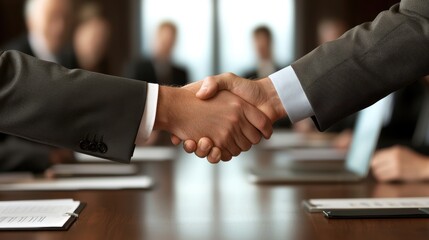 Businessmen shaking hands in a formal meeting setting.