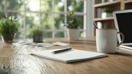 A cozy workspace with a notebook, pen, mug, and laptop on a wooden desk, surrounded by green plants and natura