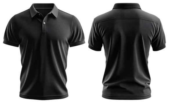 Black polo shirt with front and back view, ideal for casual wear