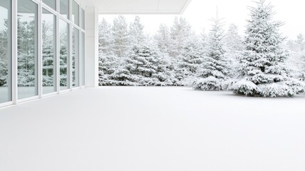 Snowy patio, modern building, winter forest view