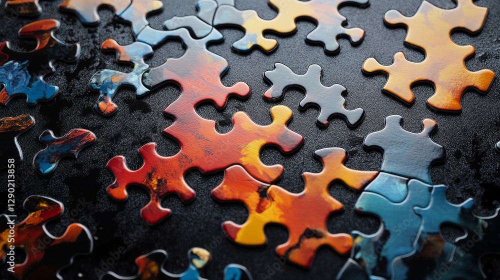 Poster abstract colorful jigsaw puzzle pieces close up detailed view vibrant orange red blue black backgrou