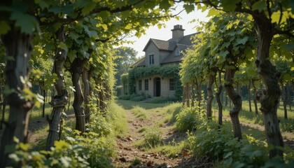 Obraz premium Picturesque stone house nestled amongst lush vineyard vines pathway leading to it a tranquil summer scene